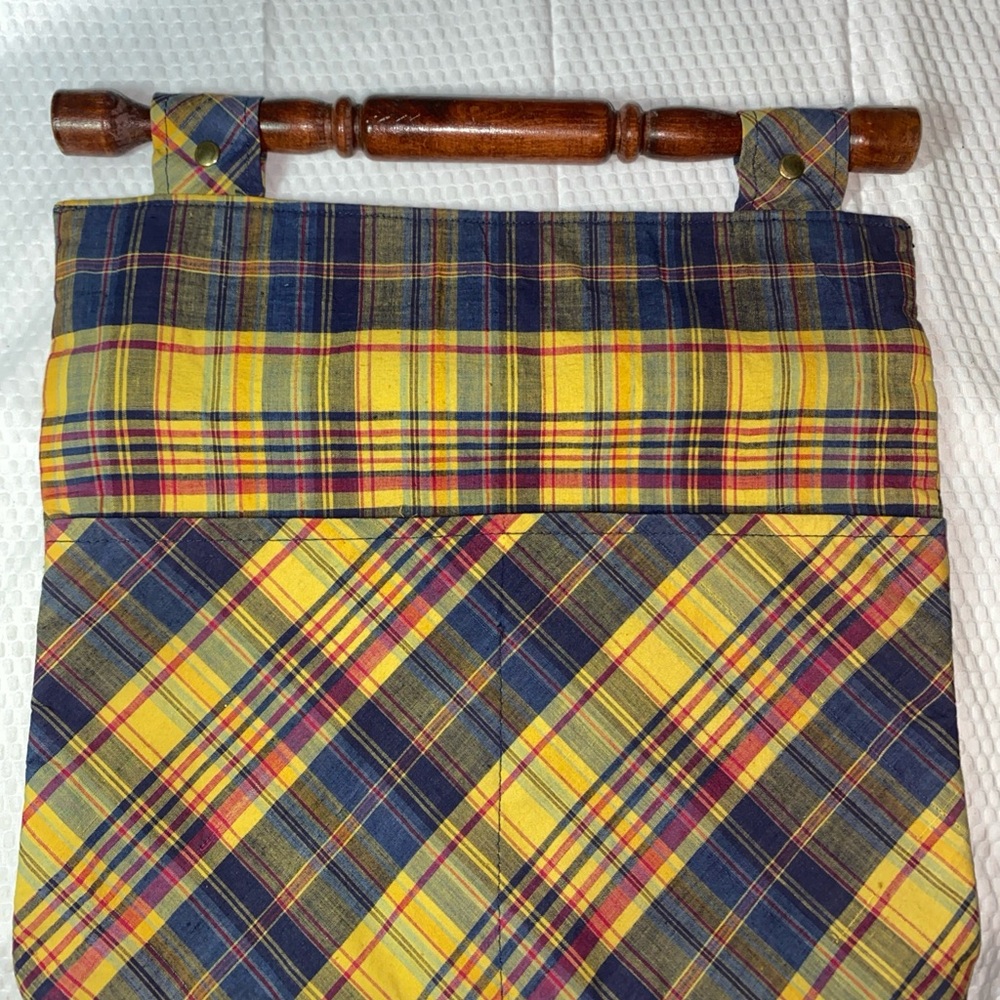 Vintage Granny Core purse/tote Yellow and blue plaid With Wooden Handle - Picture 4 of 7